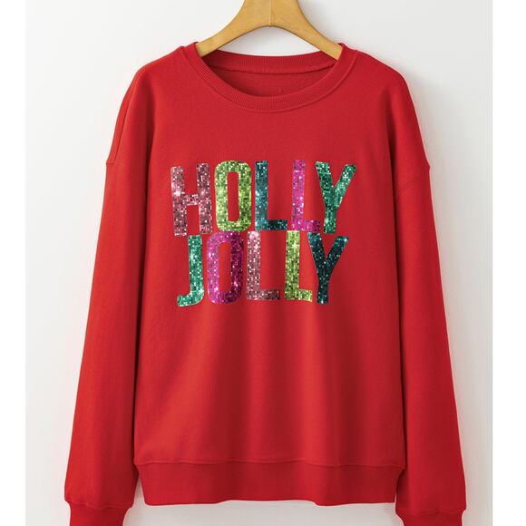Red HOLLY JOLLY Printing Christmas Pullover Sweatshirt - Picture 6 of 8